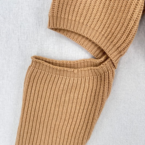 HOUSE OF CB LONDON Mila Sand Cropped Knit Sweater Womens XS Tan Cut out Crew - Picture 12 of 16